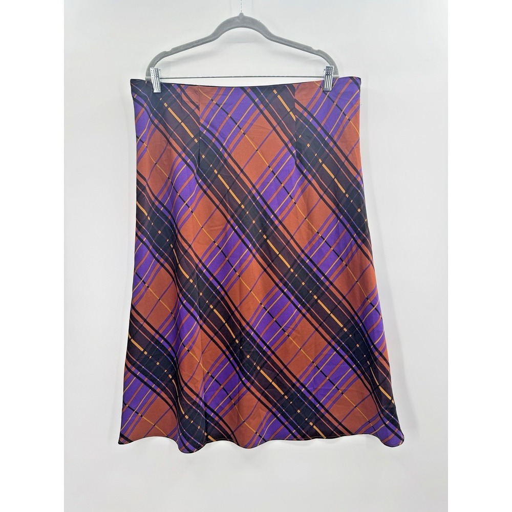 Whimsigoth Plaid Bias Cut Midi Skirt Satin Womens XL Purple Rust Twee Academia - Picture 1 of 8